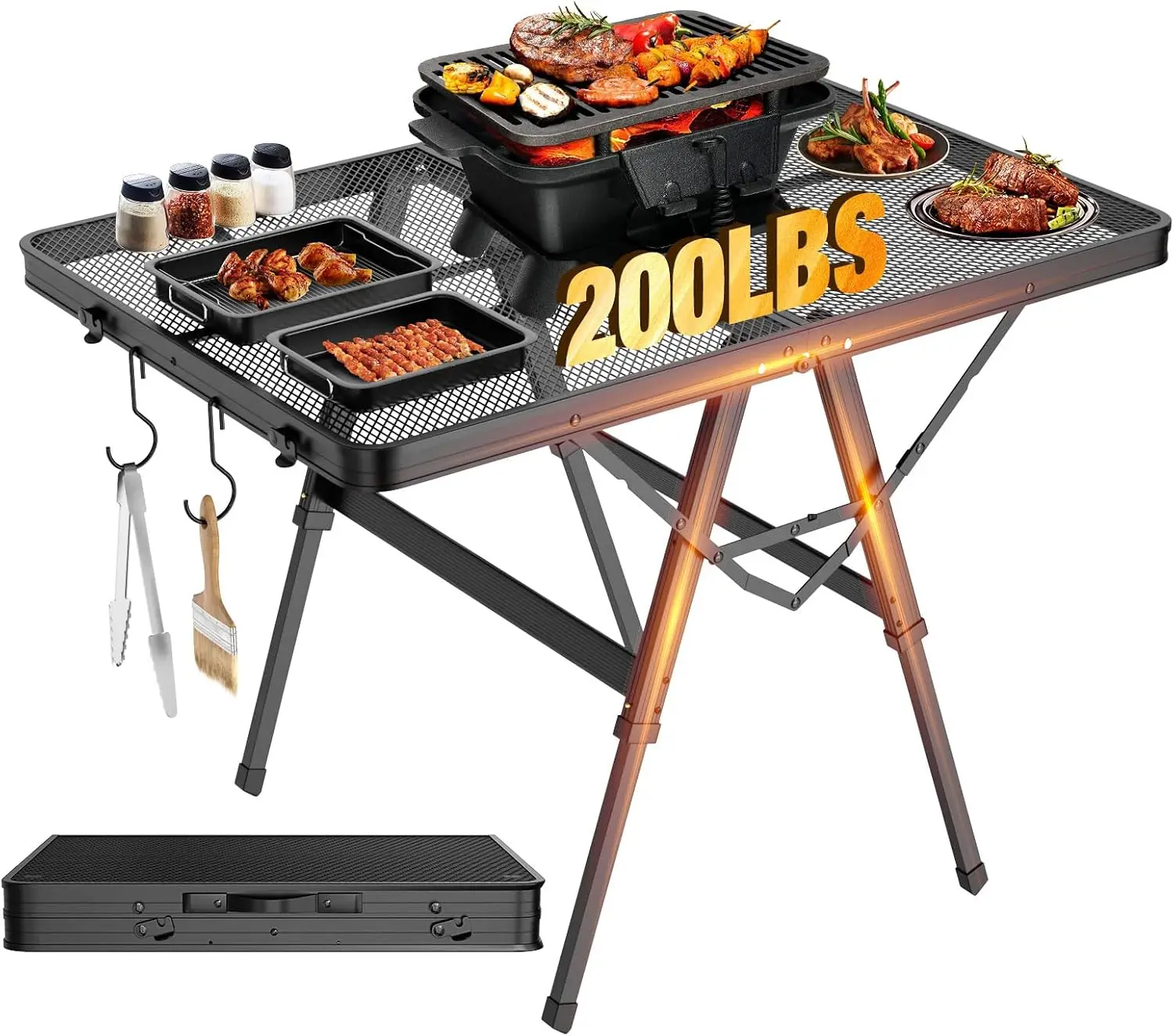 Portable Folding Grill Table With Mesh Metal Desktop Height Adjustable Camping Table Heavy Duty Lightweight Picnic Table For Outdoor Barbecue Beach RV Travel Black
