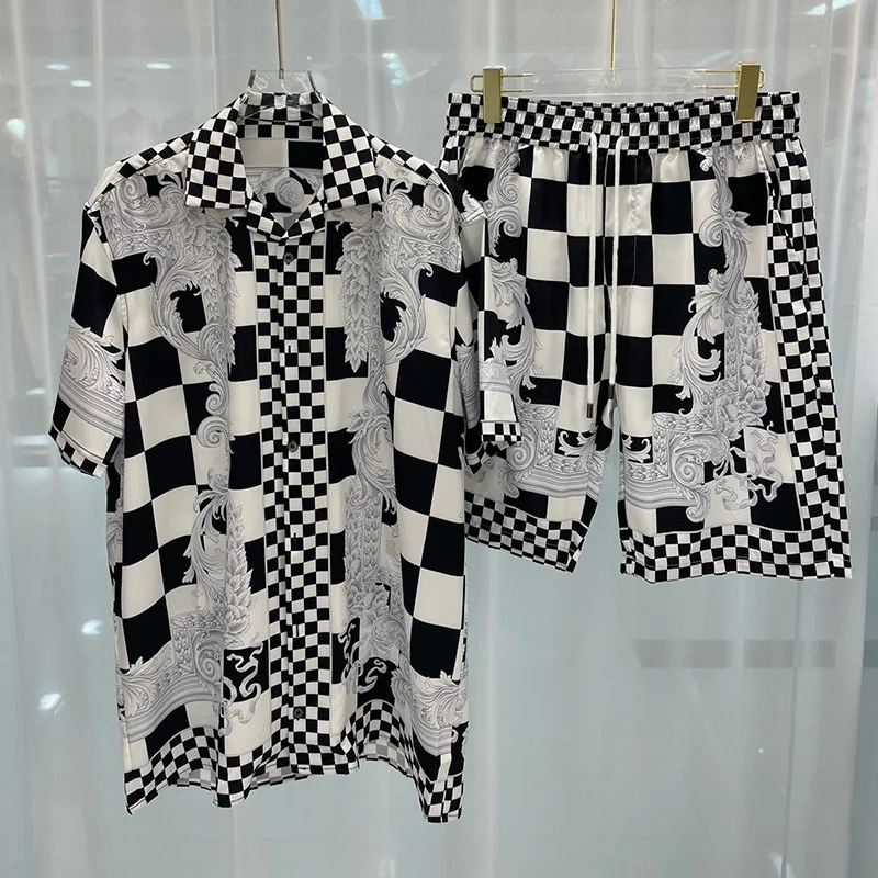 New Trendy Printed Plaid Checkerboard Medusa Lapel Short-Sleeved Silk Shirt Set Men Casual Fashion Shirts Oversized Beach Shorts