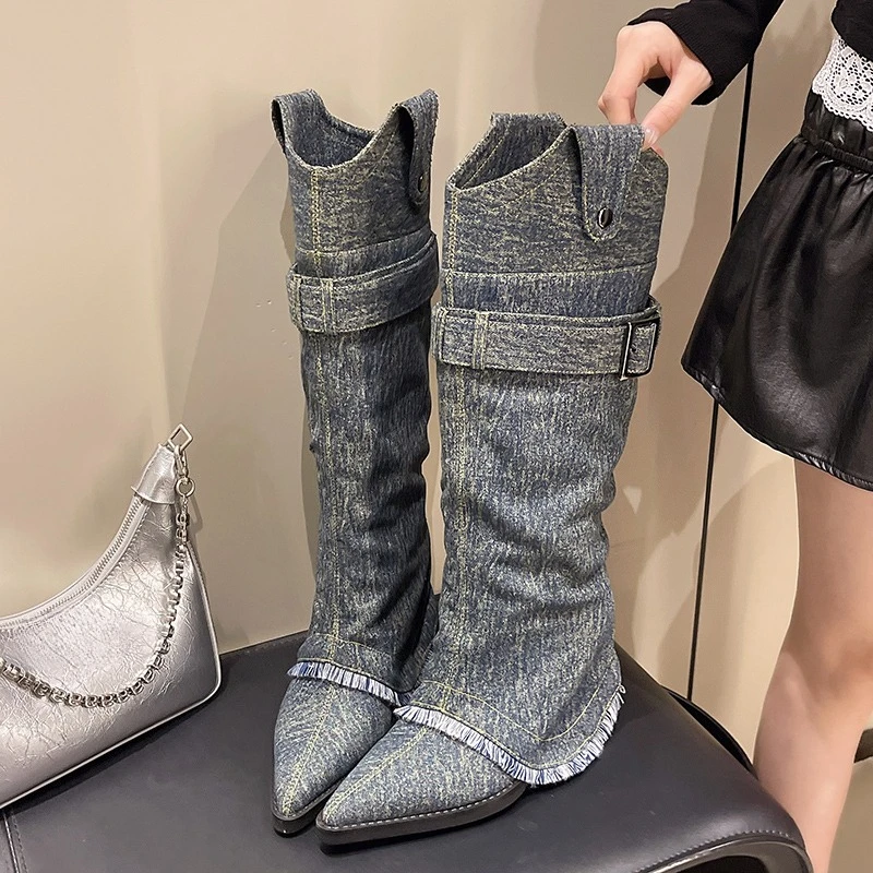 

Высокие сапоги на блочном каблуке, осенние новые нескользящие износостойкие модные одинарные ботинки с острым носком и джинсовыми рукавами