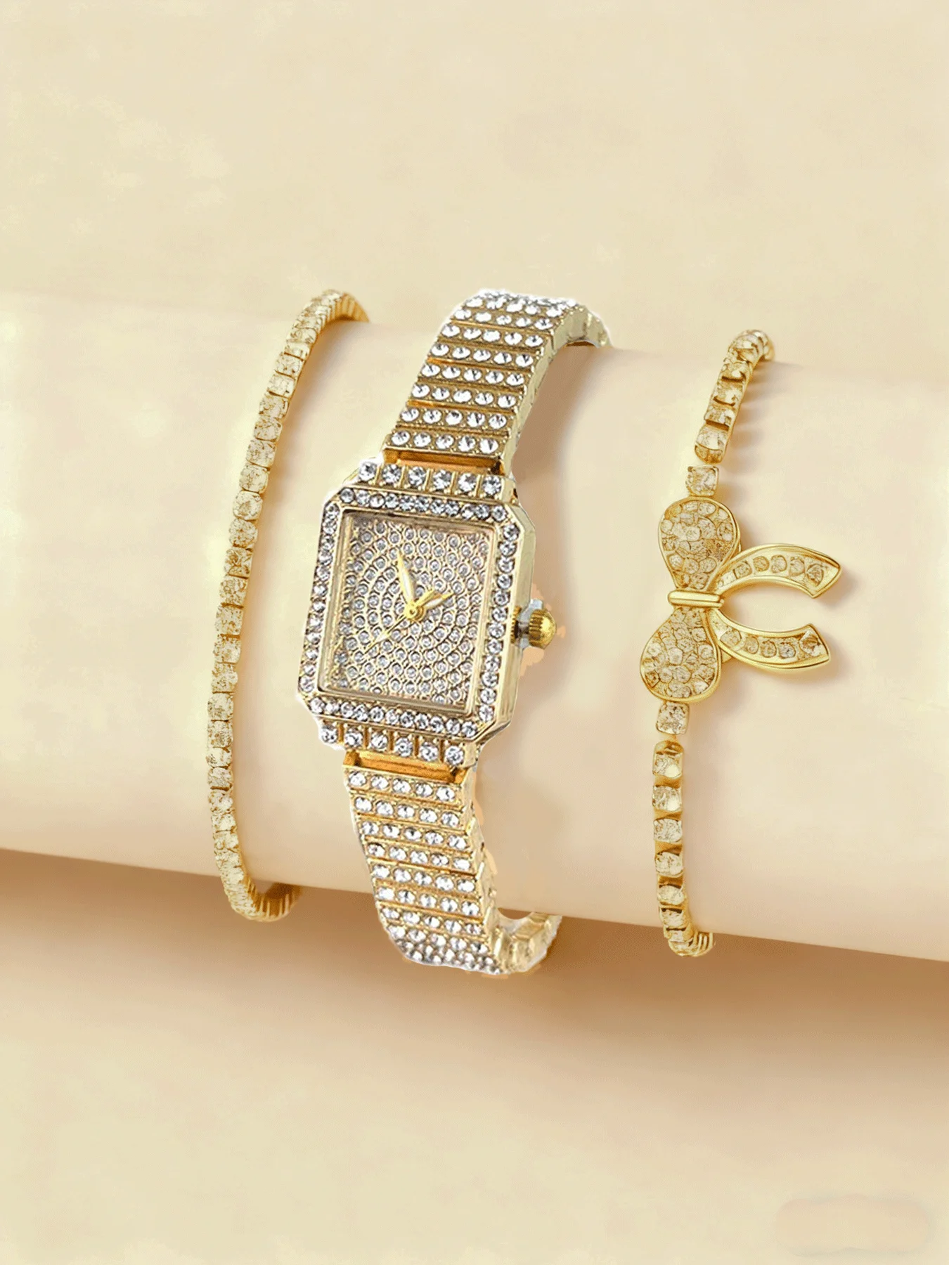 Ensemble de montre entièrement en diamant 3 pièces, montre à quartz carrée pour femmes, ensemble exquis de luxe léger