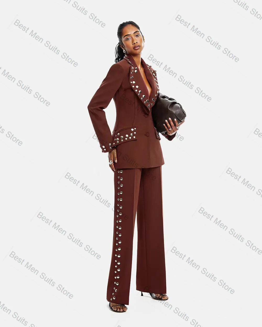 

Brown Women Suit Set 2 Pcs Blazer+Pants Trousers Luxury Cotton Autumn Formal Office Jacket Customized Wedding Guest Prom Coat