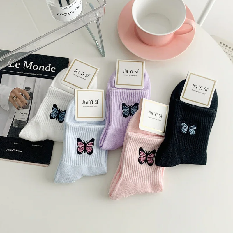 2024 New Socks Women's Solid Color Breathable Sweat Absorption Mid-tube Socks Spring Ins Wind Embroidered Butterfly Socks