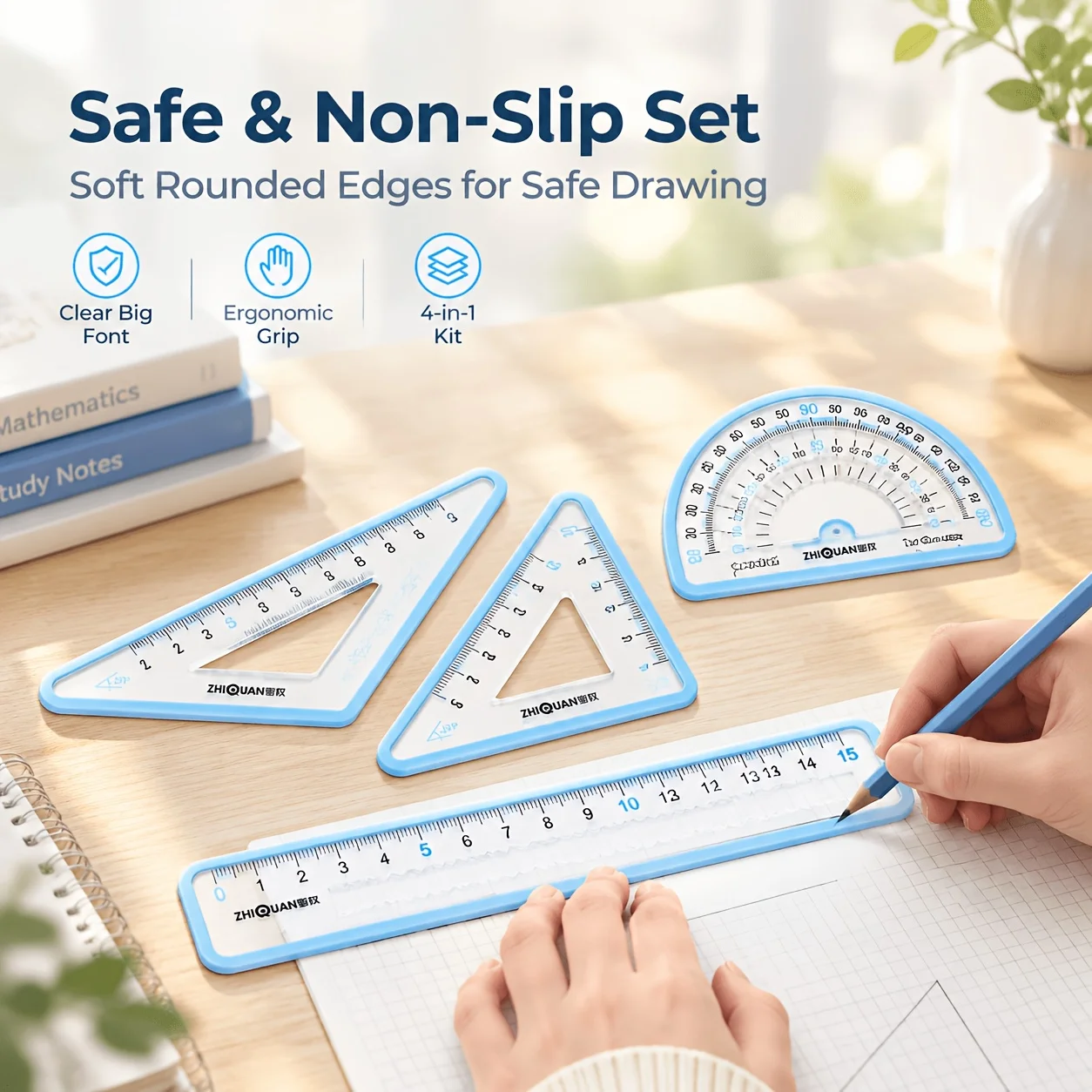 1Sets Multifunctional Geometric Rulers, Metric & Imperial, Protractor Triangle Straightedge, Storage Bag, School Office Supplies