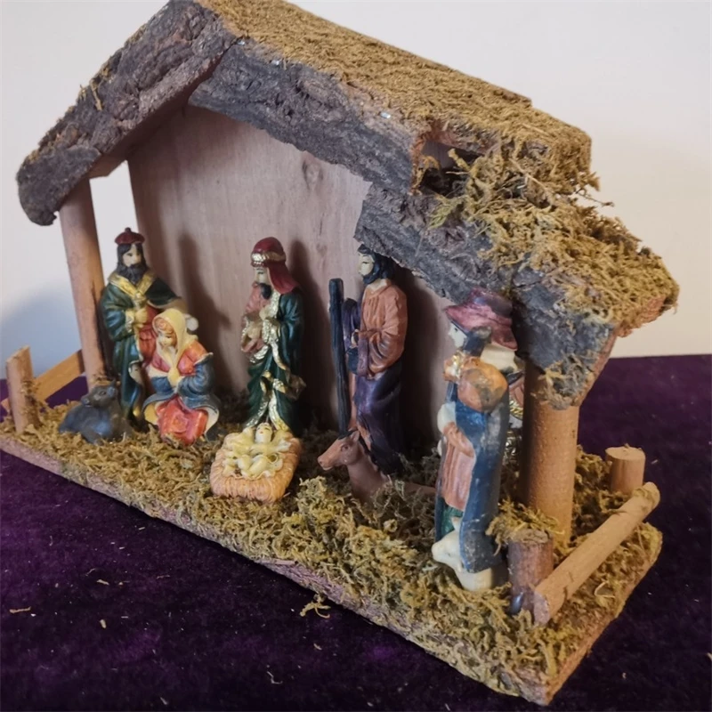 European Christmas Nativity Large Wooden Cottage Ornament Set For Table Centerpiece And Mantel Holiday Gift