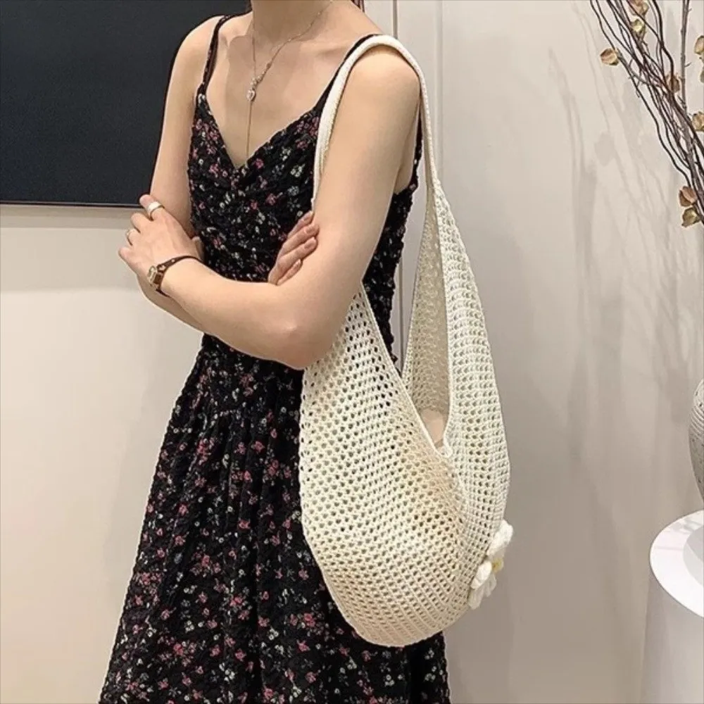 

Сплошная вязаная сумка на плечо с цветочным узором, богемная вязаная крючком сумка-тоут, большая вместительная универсальная повседневная тканая сумка