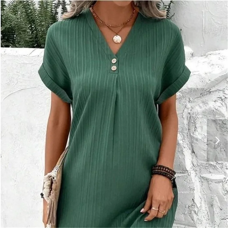 Vestido playero holgado de manga corta para mujer, ropa de talla grande, cuello en V, color liso, 2024