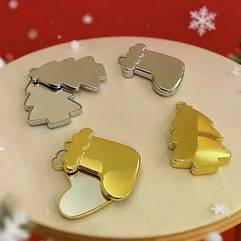 Árvore de natal floco de neve estoque espelho cosmético deslizante dobrável espelho de mão para meninas espelho de vaidade compacto inquebrável