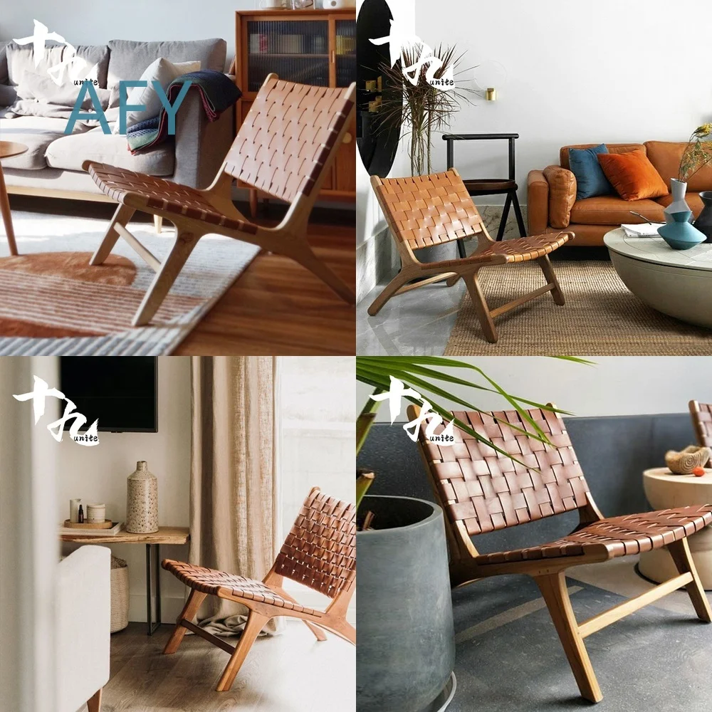 Nordic Minimalist Saddle Leather Woven Accent Chair for Living Room with Solid Wood Frame Modern Retro Lounge Armchair for