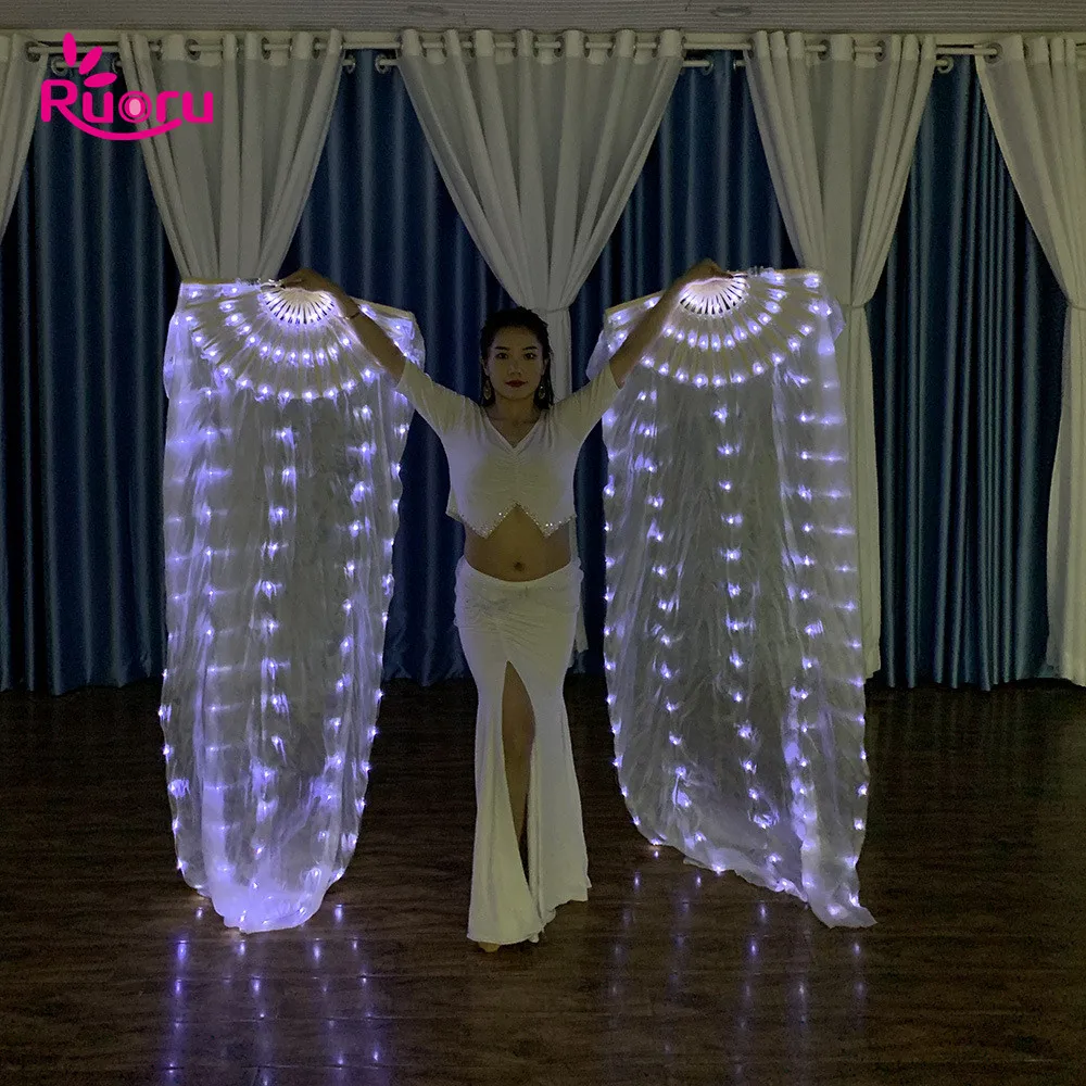 Ruoru Carnival 2 Pieces = 1 Pair 1.8m 100% Silk Fan Veils Belly Dance Women Led Fan Veil White Rainbow Color Silk Fans