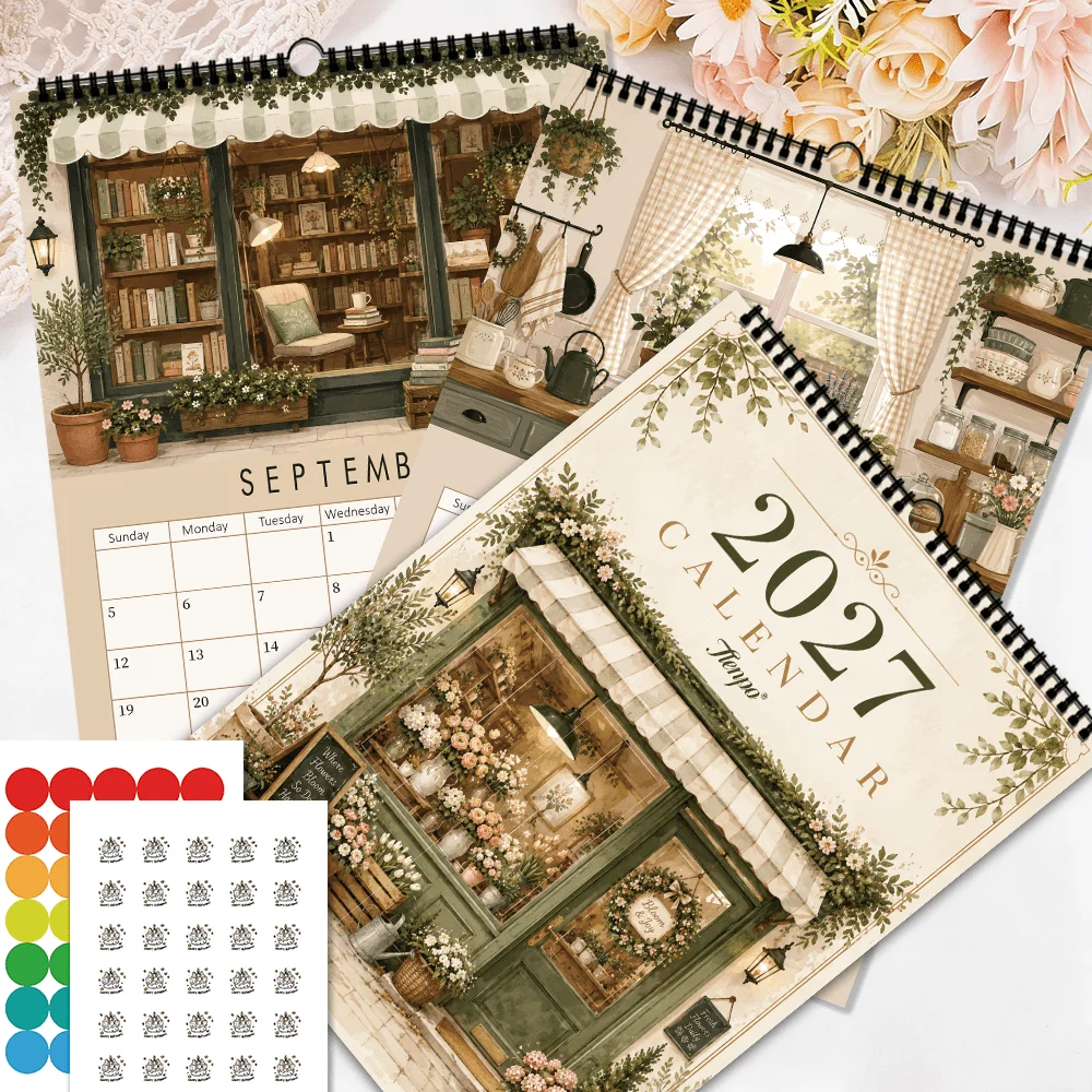 1pc 2027 Vintage Corner Flower Shop Wall Calendar,12‑Month Planner,Gift For ,Christmas,Halloween,New Year,Free Stickers Included