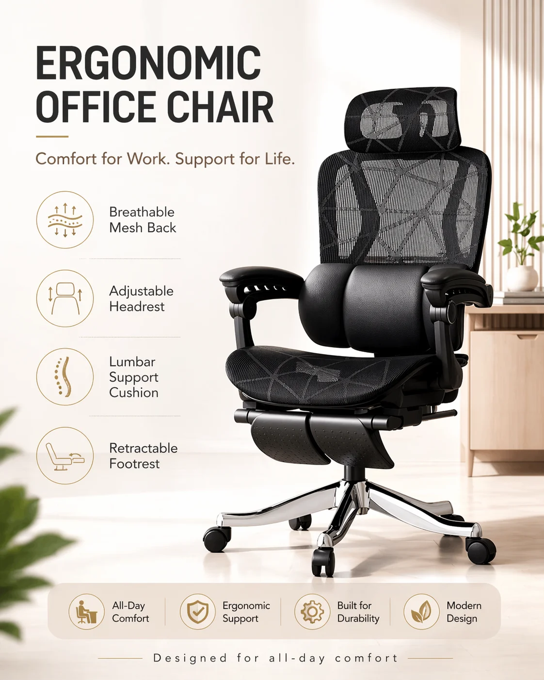 Ergonomic Mesh Office Chair with Adjustable Headrest Lumbar Support Retractable Footrest High Back Swivel Computer Desk Chair