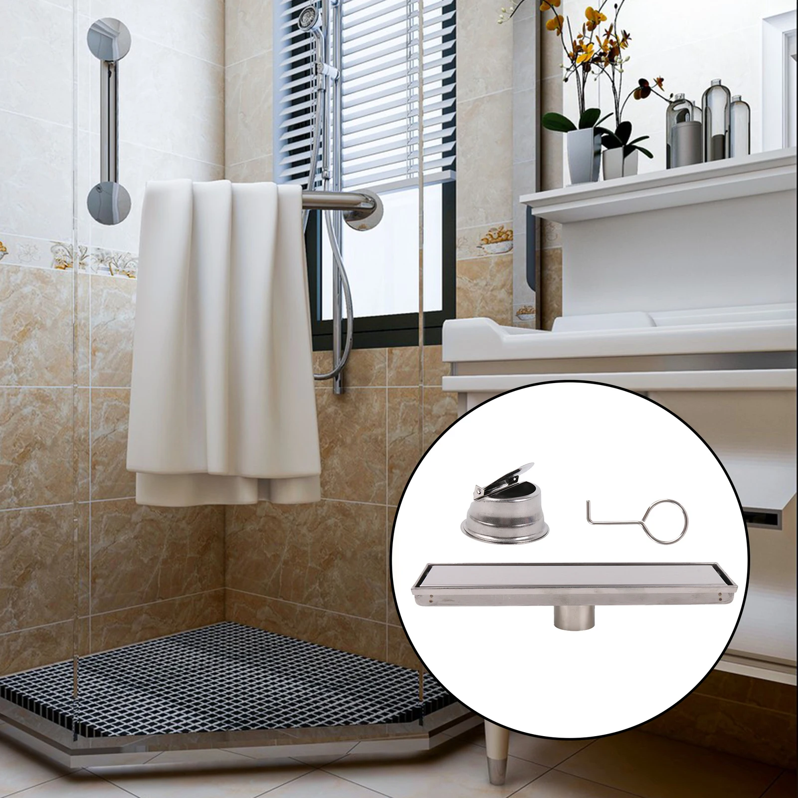 Linear Shower Floor Drain 12 inch Brushed Silver for Bathroom Floor