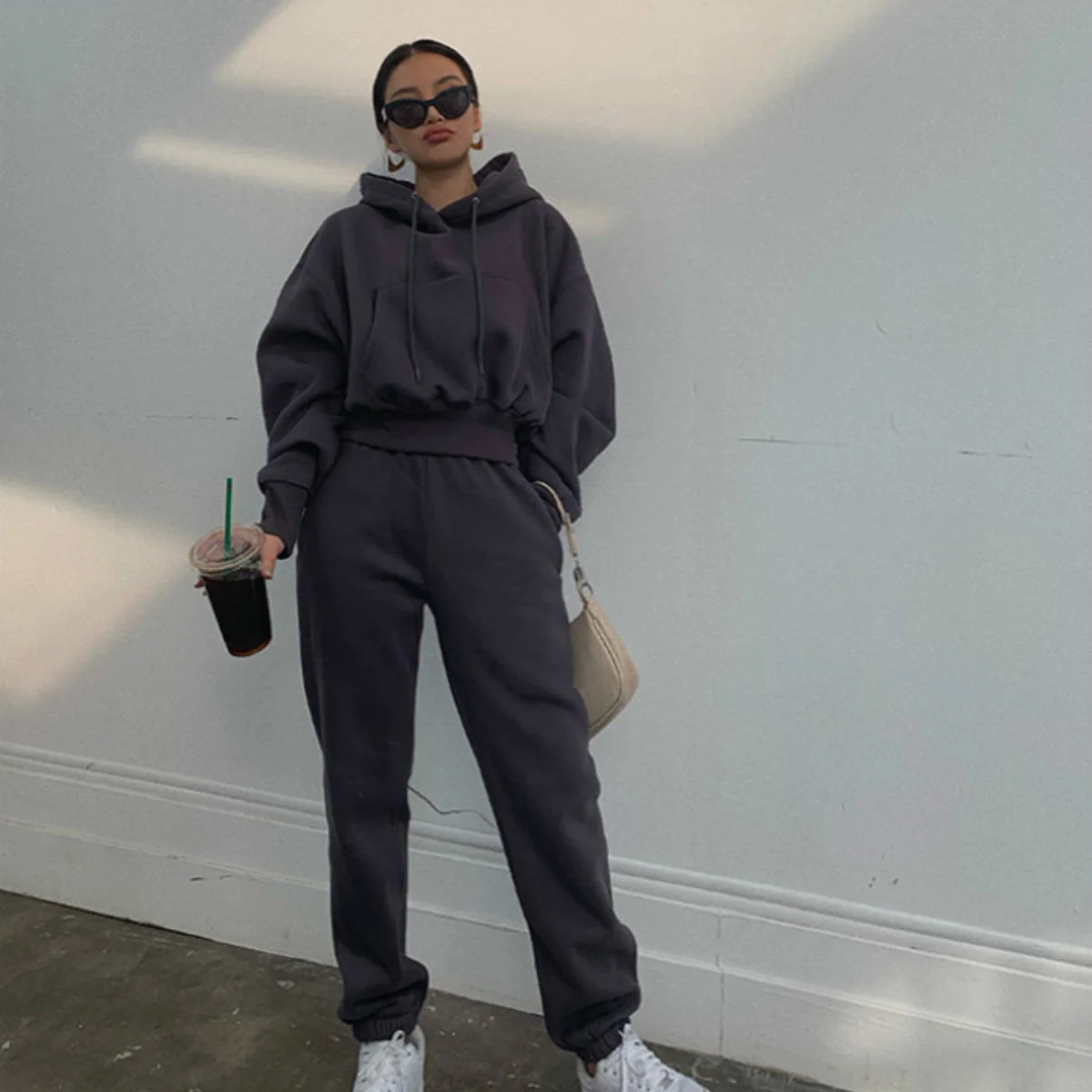 Hoodies Suit Winter Spring Solid Casual Tracksuit Women Fleece 2Pieces Set Sports Sweatshirts Pullover Sweatpants Oversized Suit