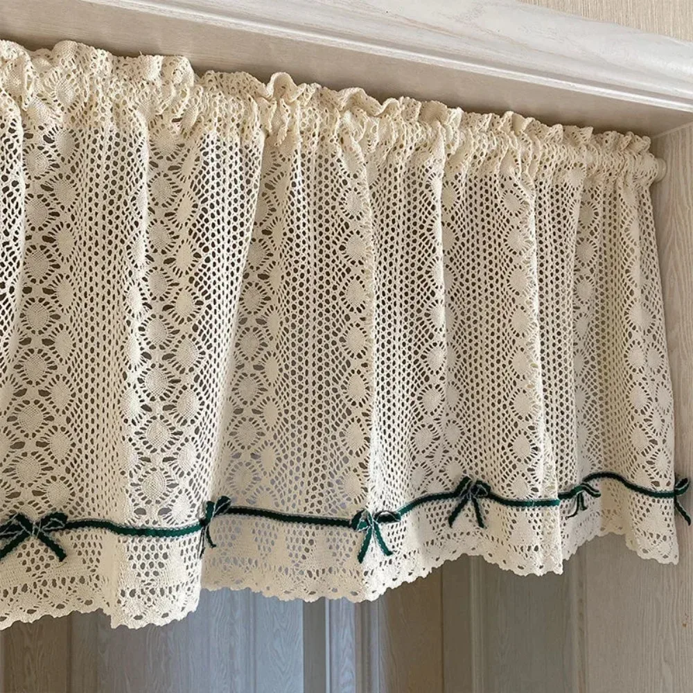 American Country Crochet Hollow Short Curtains for Roman Window Kitchen Manual Rhombus Lace Bowknot Half Curtains
