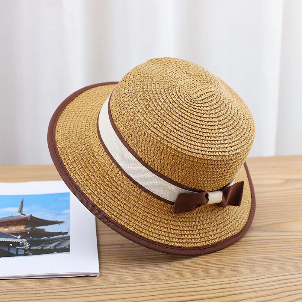 Fashion Women Summer Straw Hat Flat Top Fedora Breathable Beach Cap Sun Shade Vintage Style Bowknot Outdoor Headgear