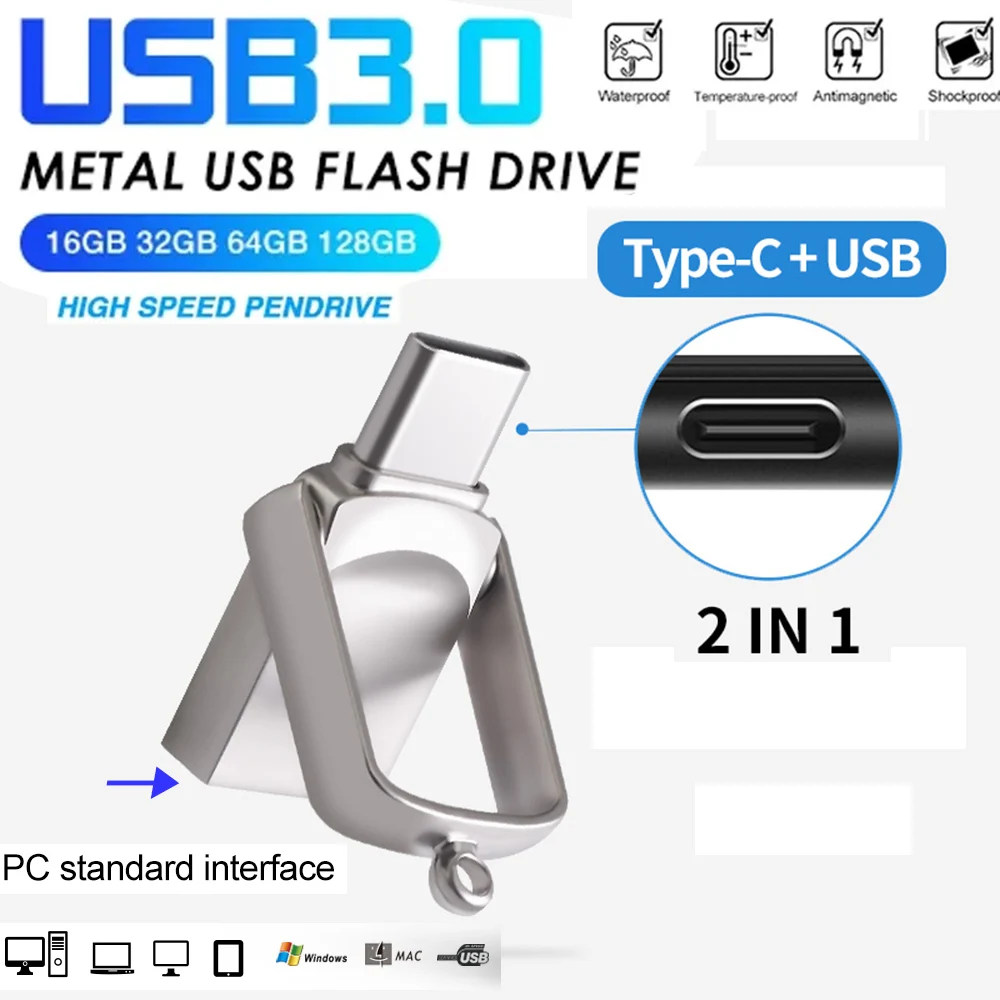 1 pc 2 in 1 Type-c  USB 3.0 Flash Drive 25G 128GB флешка Waterproof High Speed Pen Drive  PenDrive Stick Gift U Disk