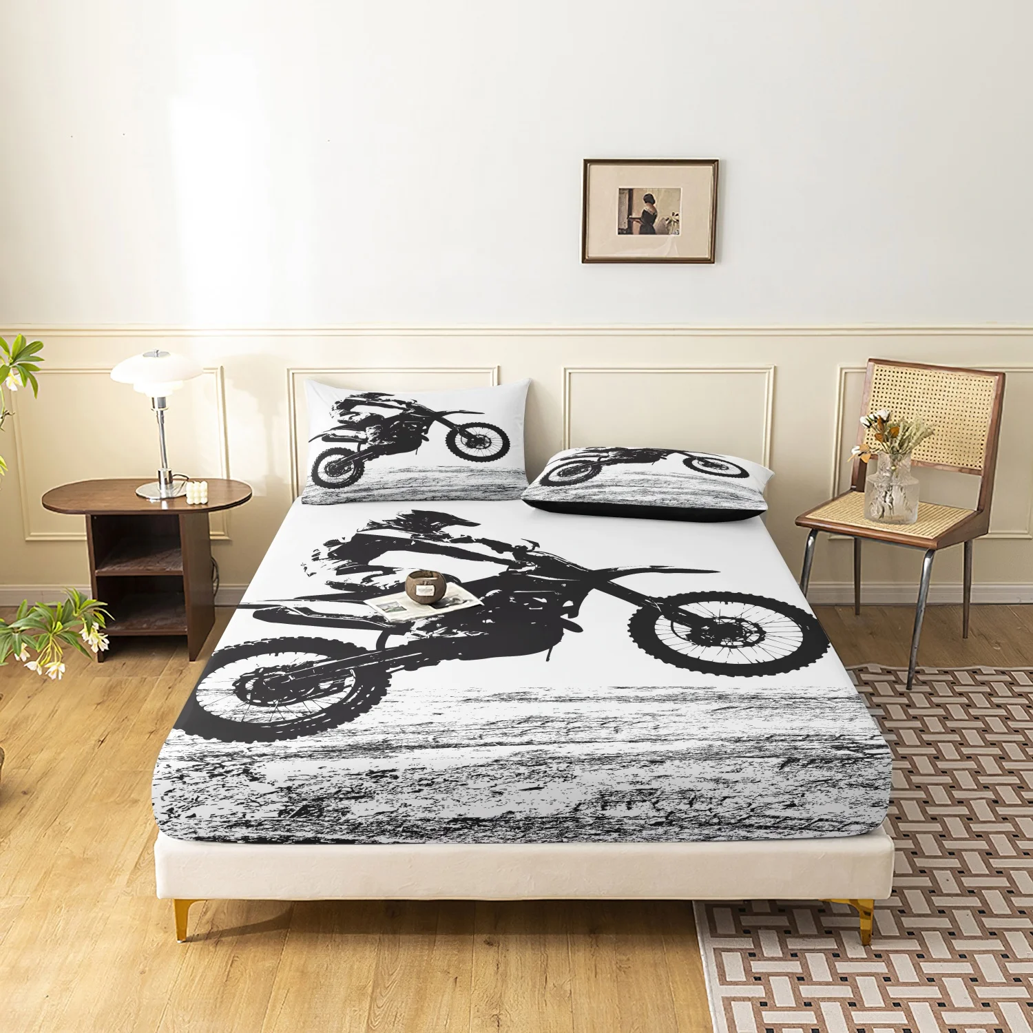3Pcs Motocross Dirt Bike Print Fitted Sheet Set, Off-Road Motorcycle Rider Print Bedding, Multiple Sizes Available