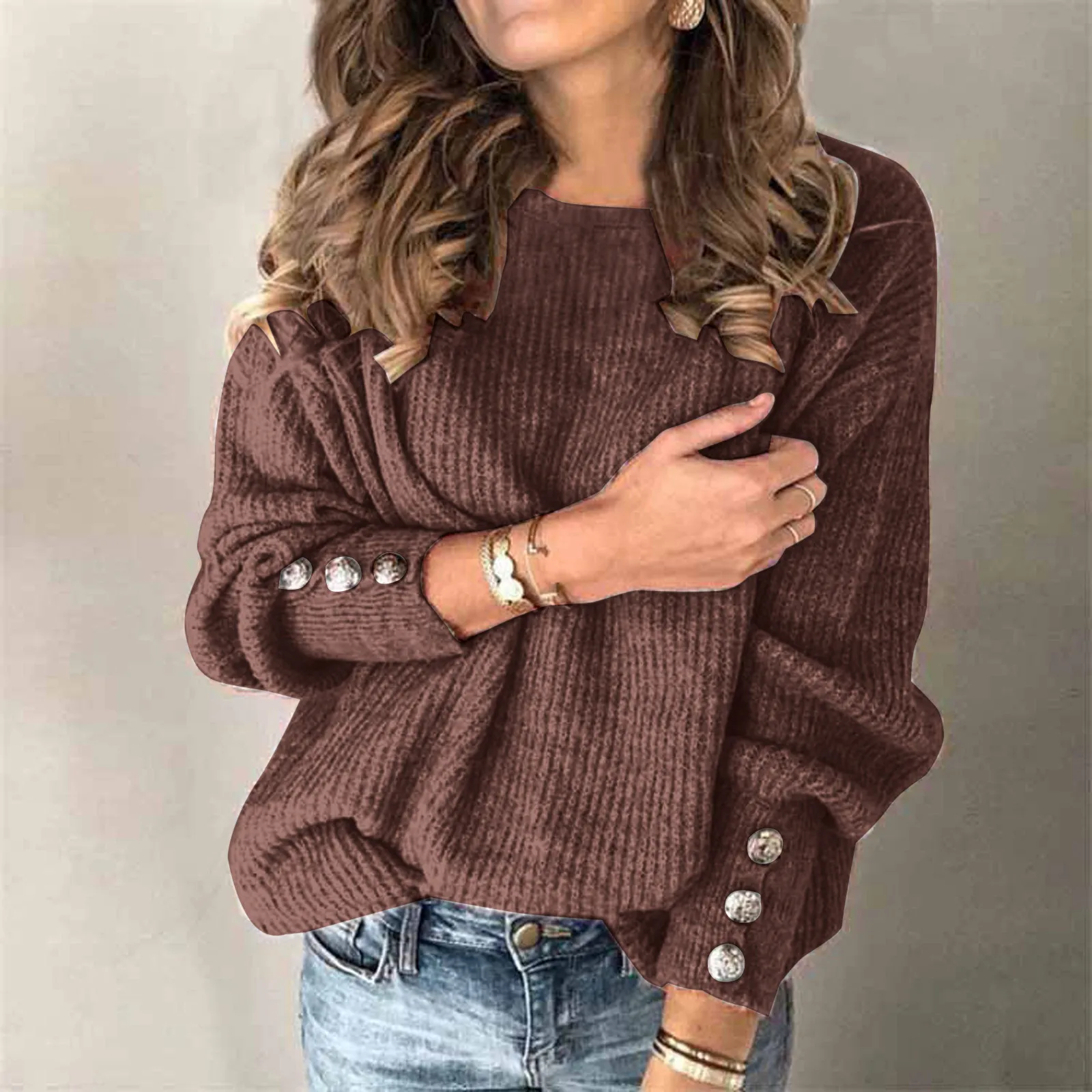 

Fashion Women Sweater Top Bow Solid Buttons Sleeve Knitted Casual Sweater Warm Long Sleeve Warm Tops Thermal Womens Sweater