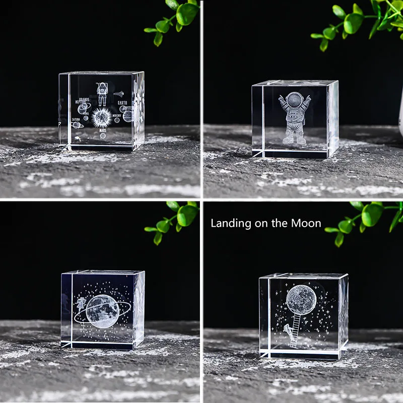 Crystal Square Figurine Glass 3D Laser Engraved Cube Astronomy Miniature Earth Planet Galaxy Craft Ornaments Globe Home Decor