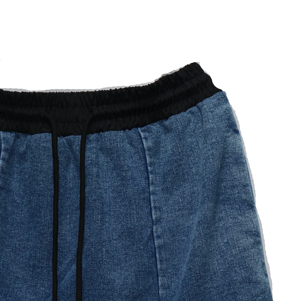 Retro Runway Long Jeans Skirt Women Elastic Lace Stitching Luxury Ruffles Maxi Denim Skirts Elegant Contrast Color Block Trendy