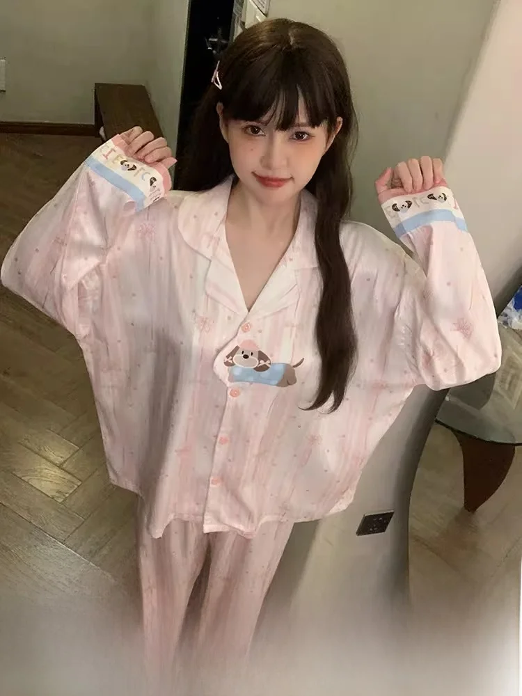 2026年新作可愛い犬柄アイスシルク寝間着-レディース-春秋-長袖-上質感-ホームウェアセット-漫画風キュートスタイル
