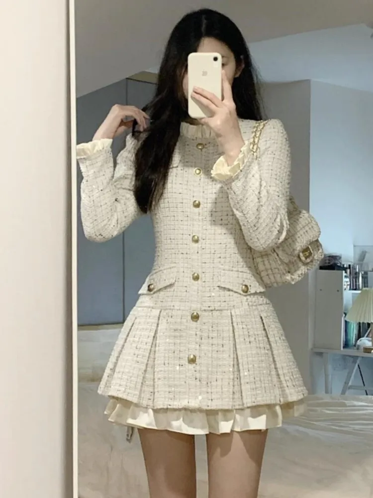 French Vintage Coat Dresses for Women Long Sleeve O-neck Ruffles A-line Short Dress Autumn Spring Korean Chic Vestidos Mujer New