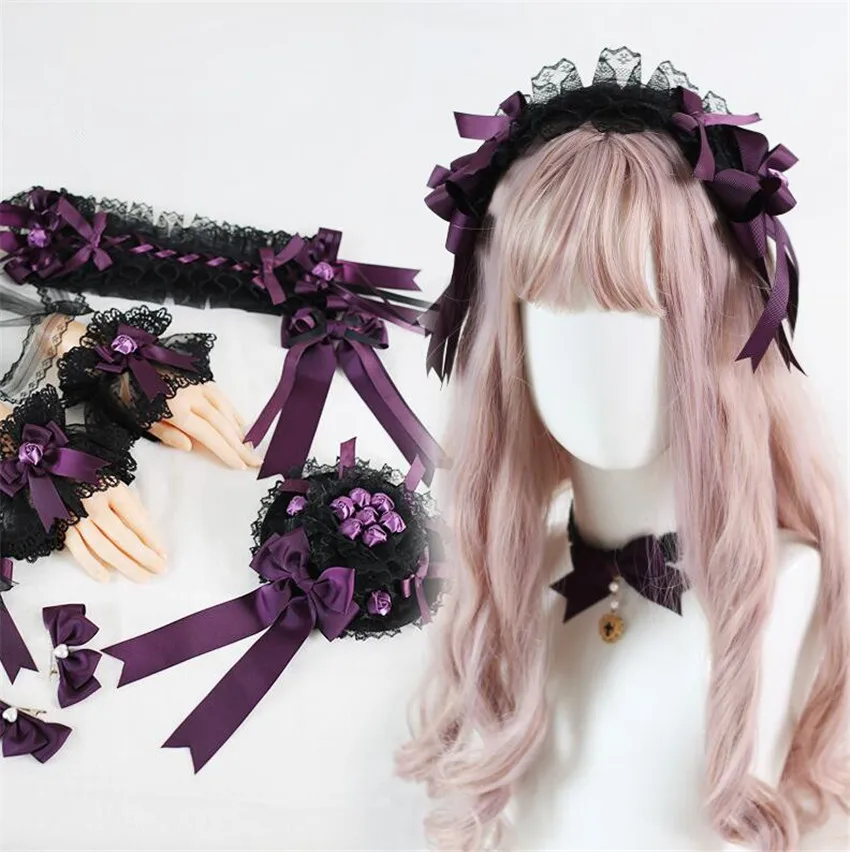 Gothic Black Purple Girl Headband Lolita Lace Bow Hairclip Women Hairpin Side Clip Hair Accessories B2315