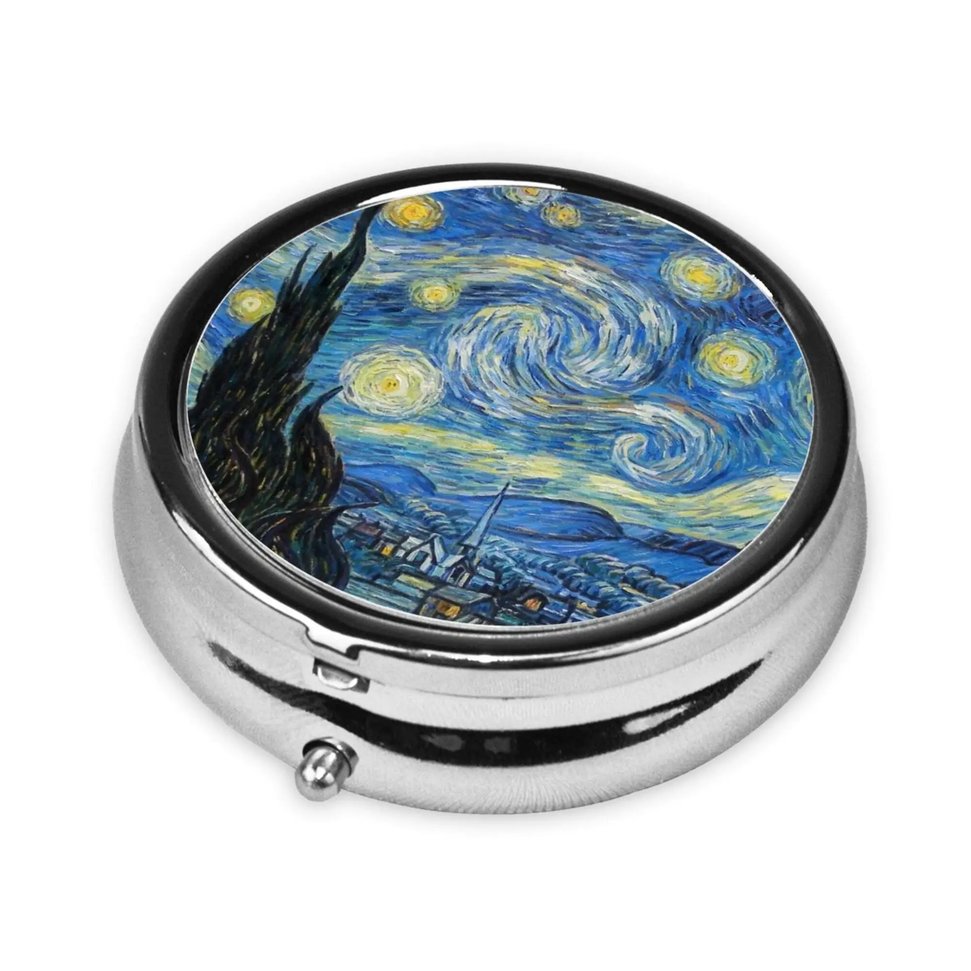 Van Gogh Starry Night Print Pill Box 3 Compartment Portable Pill Case for Pocket Decorative Metal Medicine Container for Purse