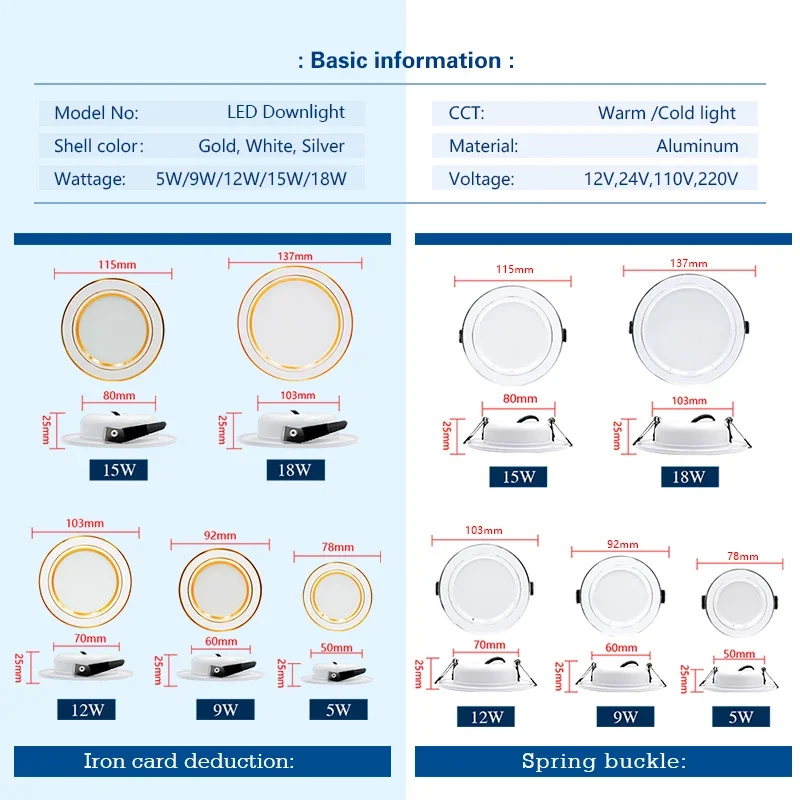 6pcs LED Downlight 110V 220V DC12V 24V Ceiling Light 5W-18W Recessed Led Down Light Round Panel Light Spotlight Indoor Lighting