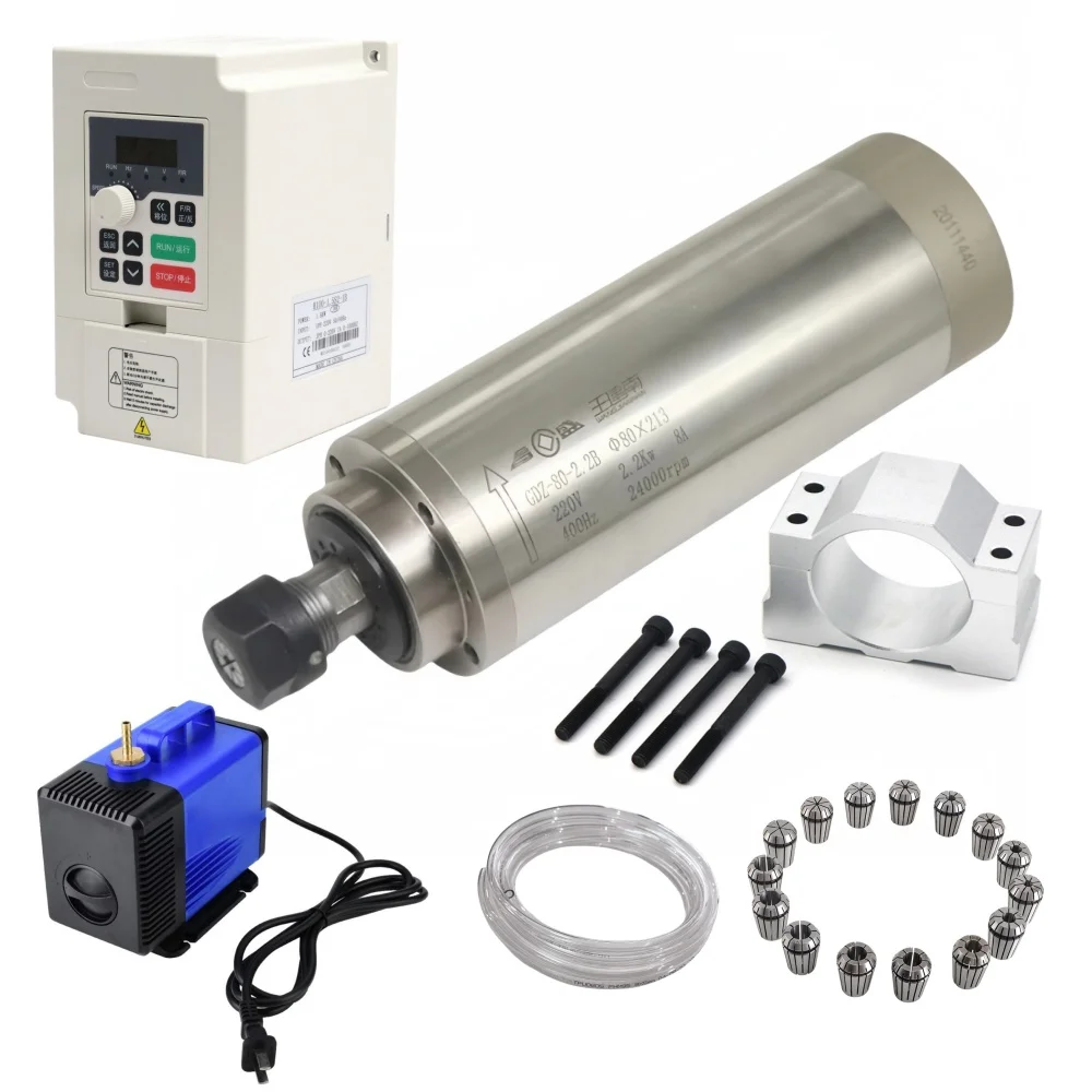 GDZ-80-2.2B 80mm 2.2KW ER20 Water Cooled Spindle Motor CNC Kit 2.2kw VFD 80mm Clamp ER20 Collet 80W Water Pump 5m Water Pipe