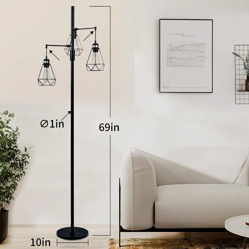 Dimmable Industrial Tree Floor Lamp Lâmpada de assoalho com 3 Birdcage Hanging Cage Heads, Up-Down Ajuste Branch, Base forte, 69in