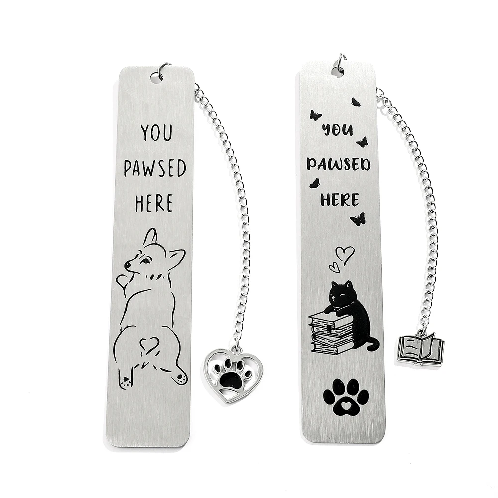 1pcs/2pcs Pet Dog & Cat Stainless Steel Bookmarks, Metal Bookmarks Men & Women Reading Marker Stationery Corgi & Kitten Bookmark