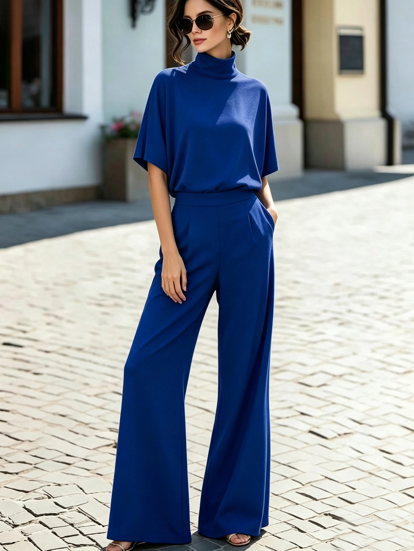 Women's Exquisite Solid Color Klein Blue Half-High Collar Waterdrop Cutout Back Loose Batwing Short-Sleeve Top + High-Waisted Pleated Flared Long Pants Two-Piece Set, Casual Workplace Daily Vacation Elegant Outfit, Spring and Autumn Two-Piece Set