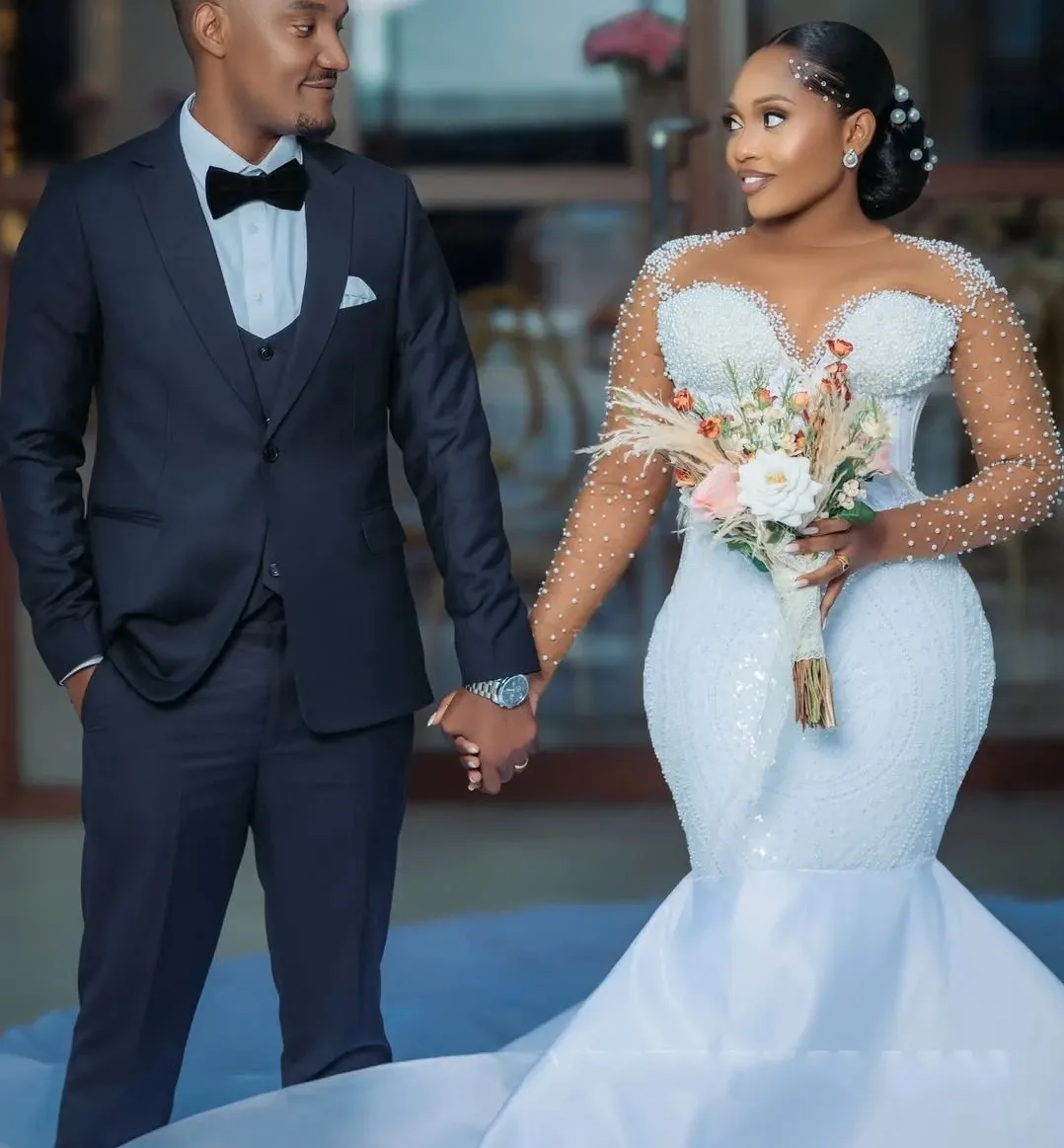 

2025 New African Mermaid Wedding Dresses Sheer Neck Long Sleeves Perals Bead Sequins Bride Bridal Gowns Robe De Marriage