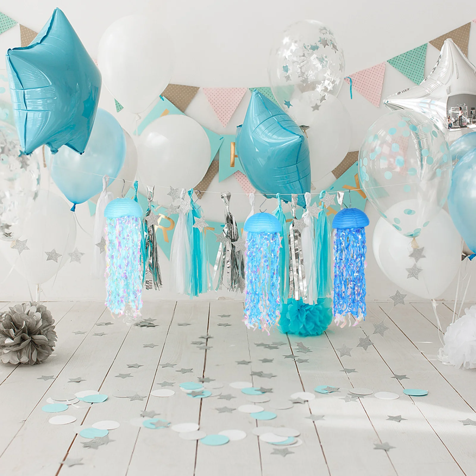 

6Pcs Jellyfish Hanging Lanterns Gradient Mermaid Design Ocean Party Decorations Under The Sea Birthday Supplies Indoor Outdoor