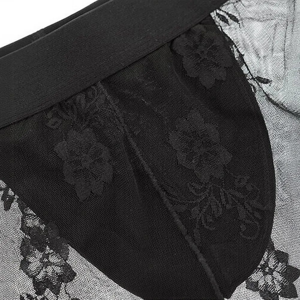 Men Breathable Floral Lace Ice Silk Patchwork Boxers Shorts Bulge Pouch Underwear See Through Sexy Boxer Trunks