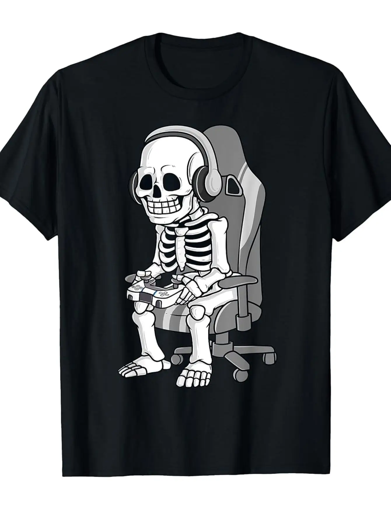 

Gaming Skeleton Gamer Chair Headphones Controller Graphic Tee Casual Cotton T-Shirt for Men Women