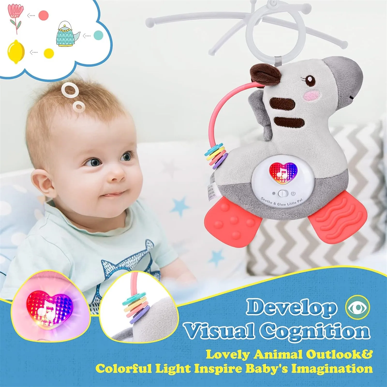 Cochecito de bebé, juguetes eléctricos interactivos y juguetes para cuna, muñeca de peluche, juguetes de peluche para recién nacidos, juguete para la dentición del bebé de 0 a 6 meses con mordedor