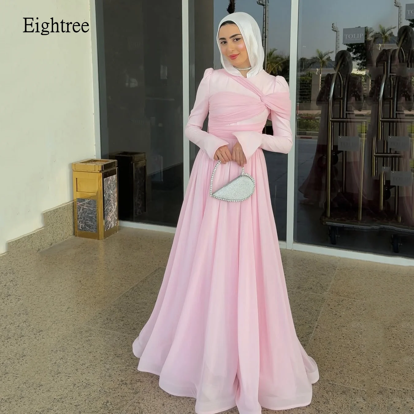 

Eightree Pastrol Light Pink A Line Prom Gowns Cap Sleeves Formal Party Gown Chiffon Floor Length Evening Dress Customized