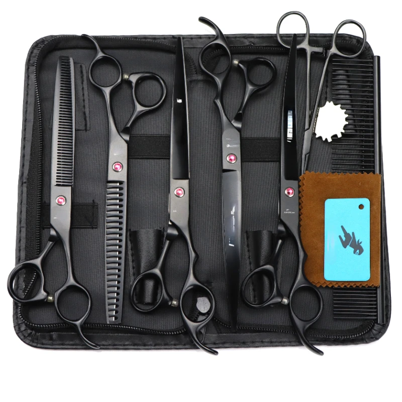 8.0 Inch Black Paint Shaped 5 Scissors Pet Grooming Dense Teeth Scissors Set  Pet Cleaning & Grooming Products Beauty