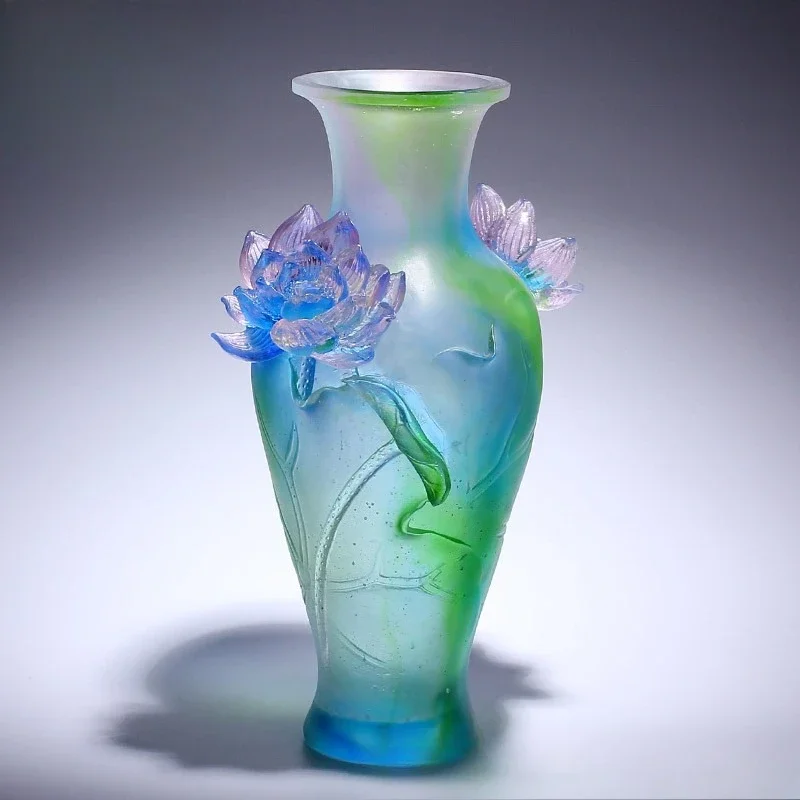 Glazed lotus vase living room flower arrangement antique handicraft ornament, new house housewarming gift
