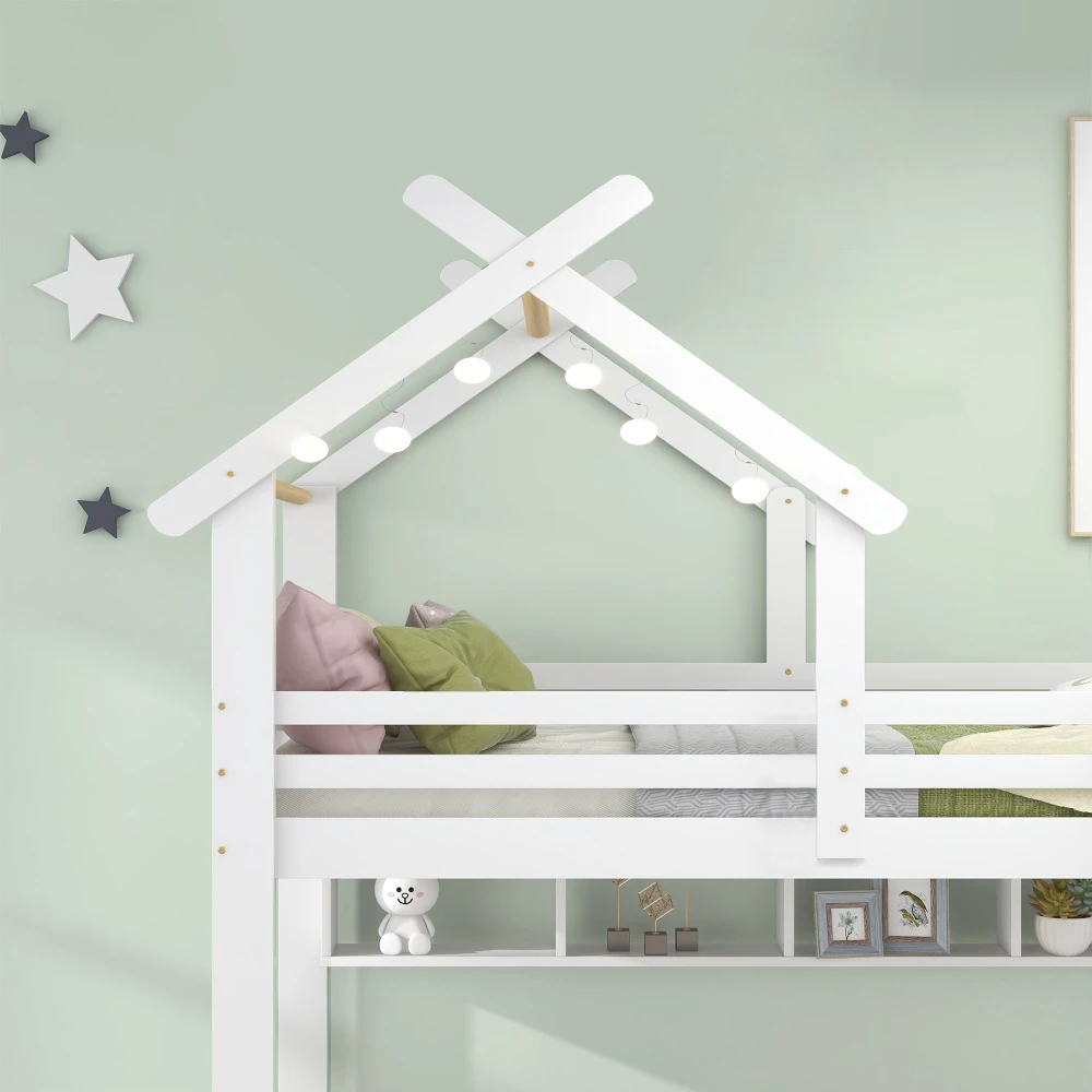 PINGGO Etagenbett mit Schubladen, Regalen, Hausbett, 3-stufige Leiter, Kiefernholzrahmen, Weiß, 90x200cm, Kinderbett mit Fallschirmgitter – Detail 16