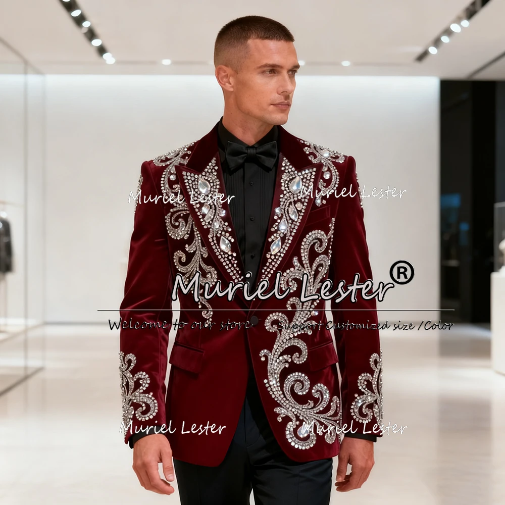 

Exclusive Crystals Stones Suits Men For Wedding Single Breasted Prom Blazers Pants 2 Pieces Man Banquet Attire Groom Tuxedos