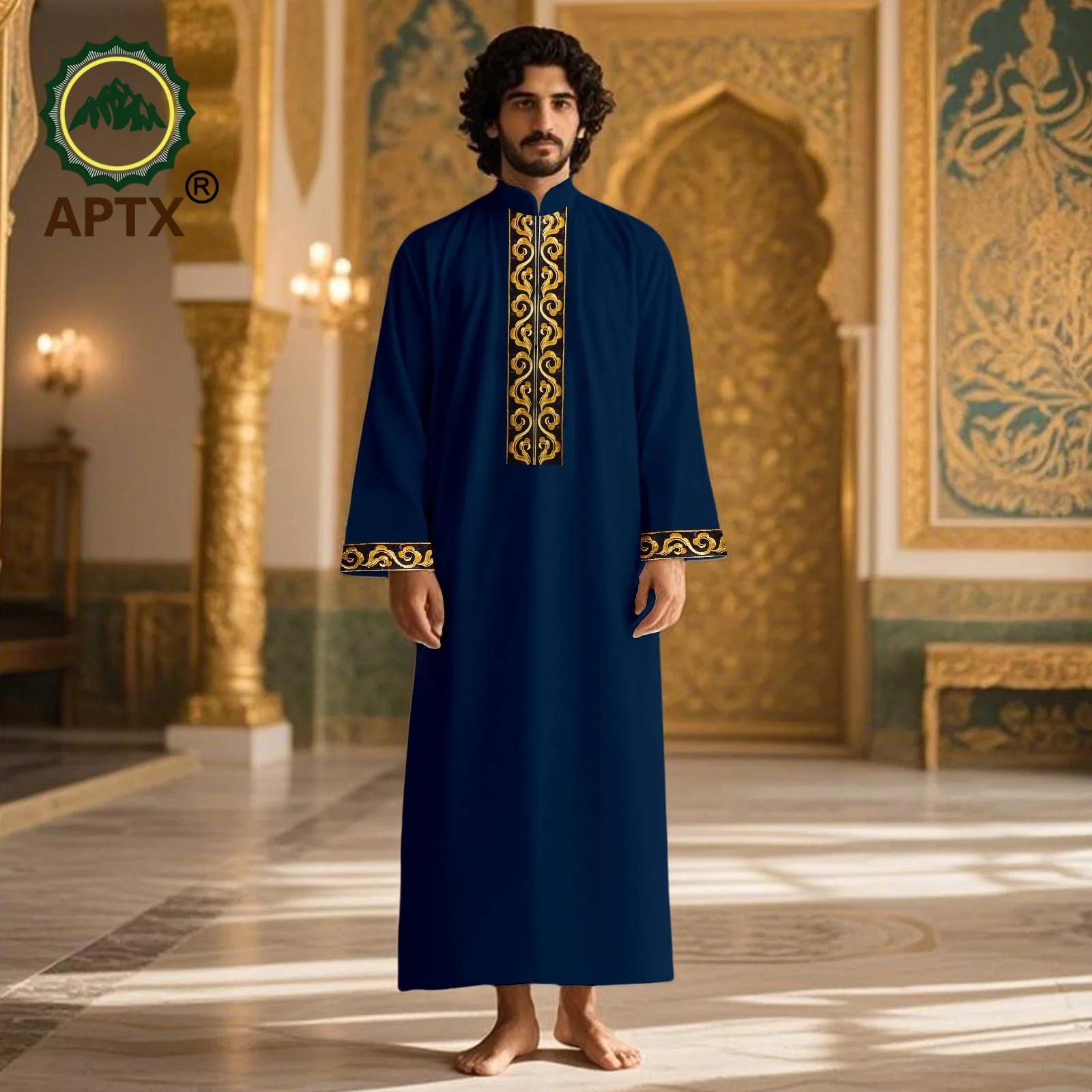Men's Modern Robe Long Islamic Jubba Thobe with African Embroidery Sleeve Prayer Eid Robe Fashionable Muslim Clothing