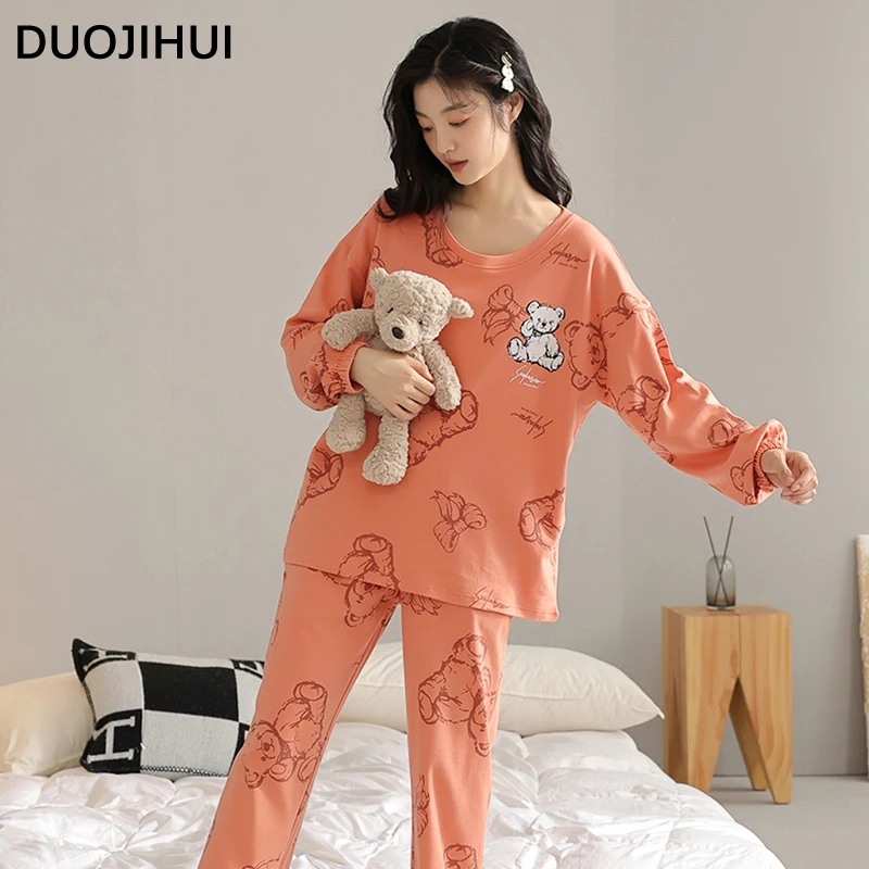 DUOJIHUI Pure Color Fashion Printed Casual Pajamas for Women Basic O-neck Pullover Loose Pant Simple Classic Female Pajamas Set