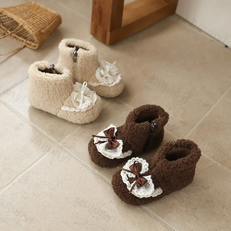 

Girl Fluffy Warm Plush Boots 2025 Winter Round Toe Lace Bow Children Cotton Shoe Baby Toddler Fashion Anti Slip Ankle Boots