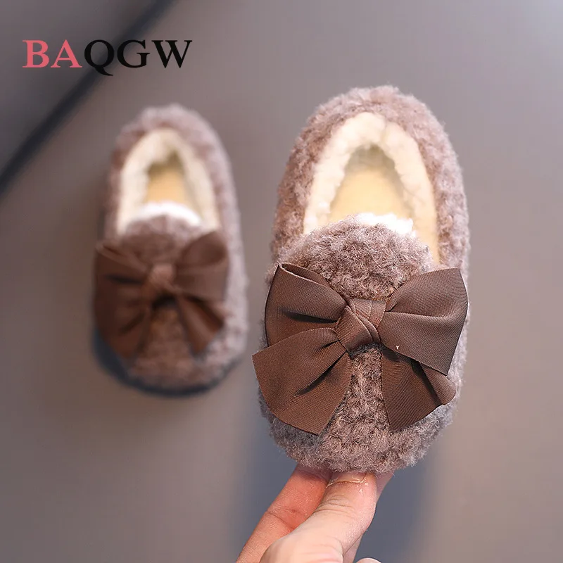 Cotton-Padded Warm Cotton Fur Fluffy Children Flats Kids Loafers Slip-on Sweet Princess Anti-slippery Bow Winter Girls Shoes