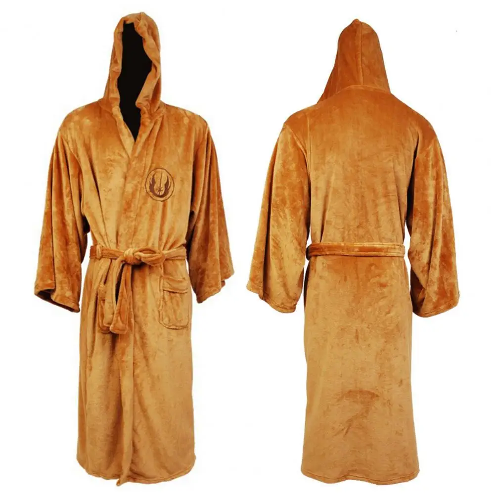 Simple Male Flannel Robe Long Sleeve Washable Star Pattern Pockets Robe Bathrobe Comfy Men Robe for Bedroom