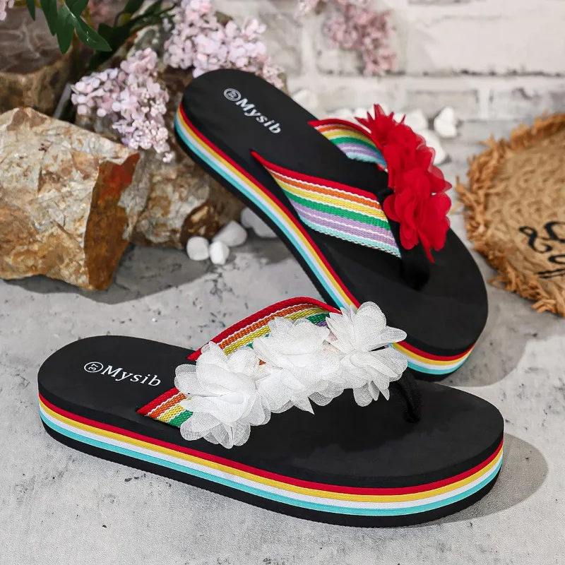 

Women Rainbow Flip Flops Floral Platform Slippers Summer Beach Sandals Thick Sole Casual Ladies Thong Shoes Zapatos De Mujer