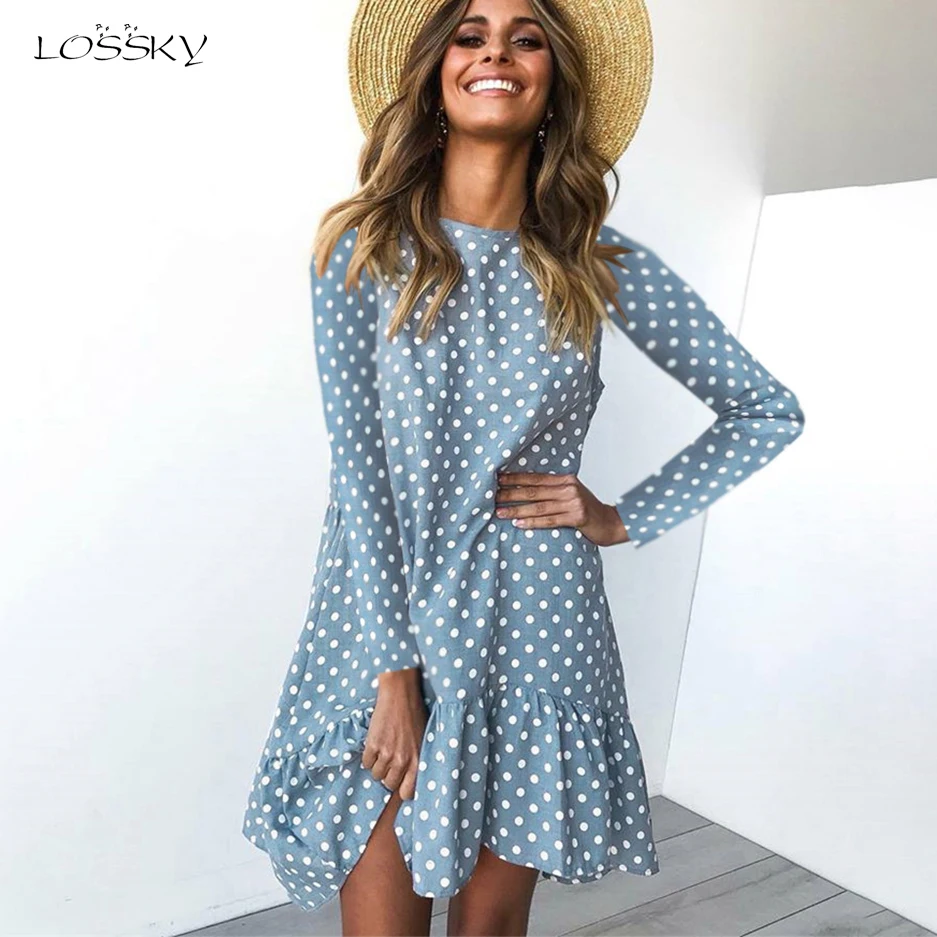 Lossky Women Spring Dress Fashion Polka Dot Print Ladies Casual Clothing Long Sleeve Mini Short Loose Yellow Dresses 2024 Autumn